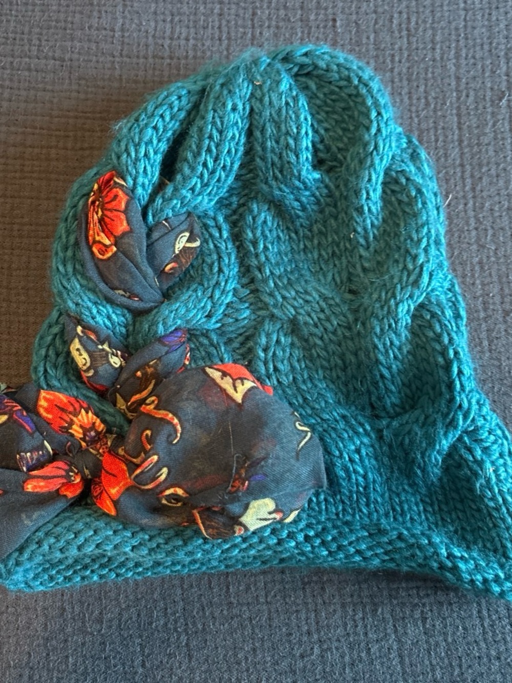 Sakroots Teal Cable Knit Beanie with Floral Bow Accent